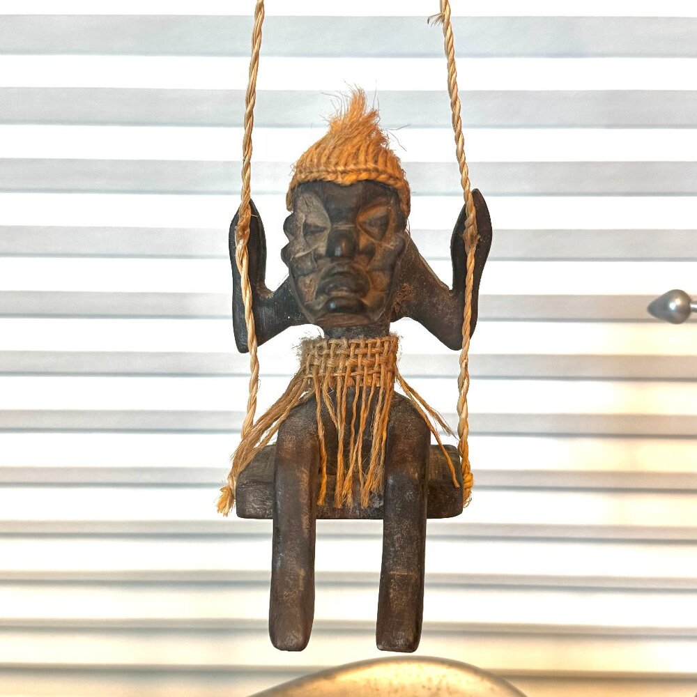 Black Wooden Hand Carved Island Man Swing Tribal Native Tiki Indonesia Figurine